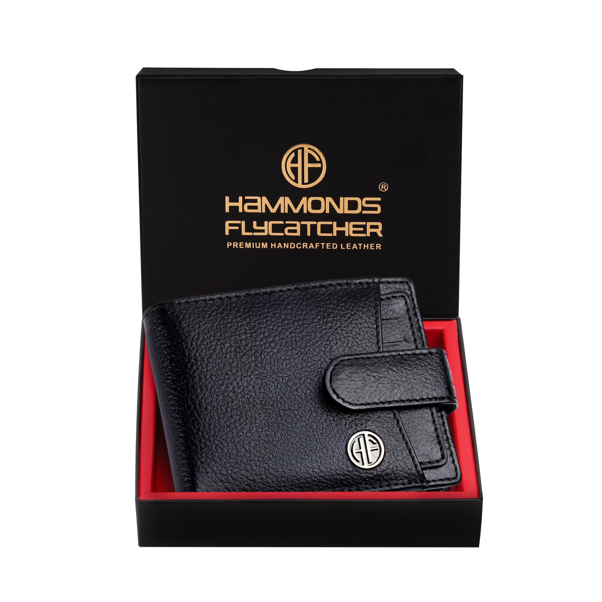 HAMMONDS FLYCATCHER Men Hammond's Flycatcher Genuine Leather Wallet - RFID Protected Leather Purse - 5 Card Slots, Coin & Hidden Pockets, Metal Snap Button - Black
