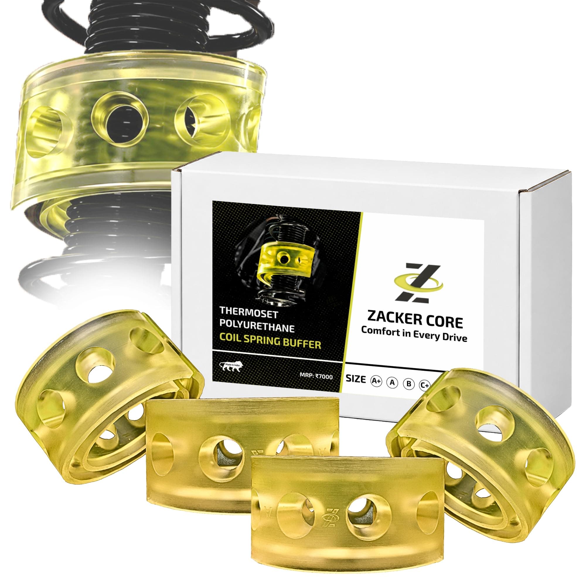 Zacker Core Coil Spring Buffer for Kia Sonet (Front & Rear, 4 Pcs) - Thermoset PU Suspension Buffer for Enhanced Ride Comfort, Ground Clearance & Stability