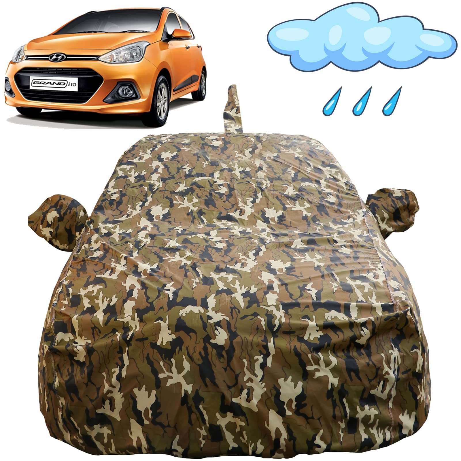 Grand I10 Waterproof Car Cover with Mirror & Antenna Pockets, Camouflage Design, Non Woven Fabric,Triple Stitched, Compatible with Hyundai Grand I10 Car Cover (2013 to 2019), Car Accessories