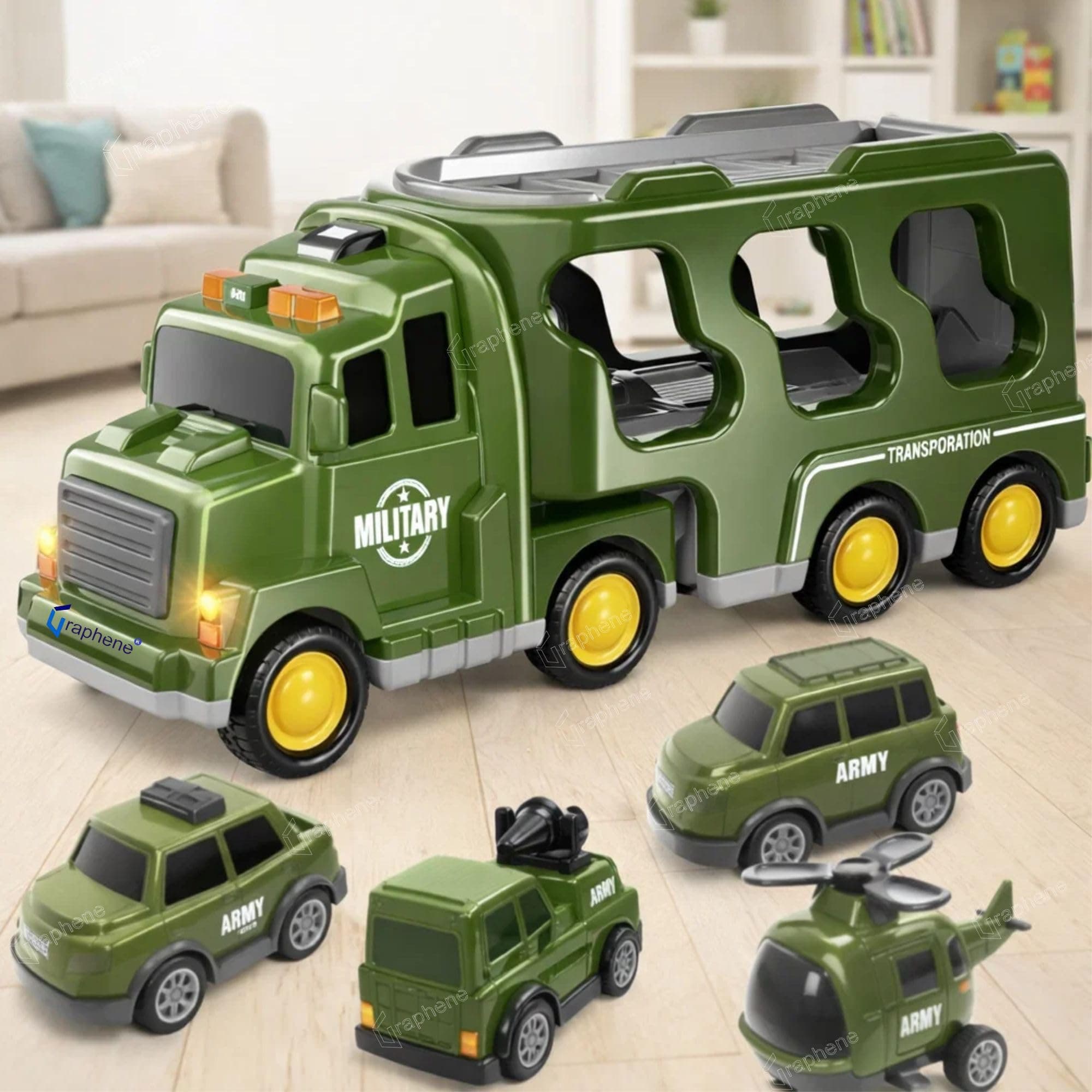 GRAPHENE 5 in 1 Friction Military Army Truck Car Set for Boys 3-10 Years Old Montessori Carrier Educational Toy Light Music Unbreakable Pullback Action Helicopter Taxi Playset Best Gift Boy Girl