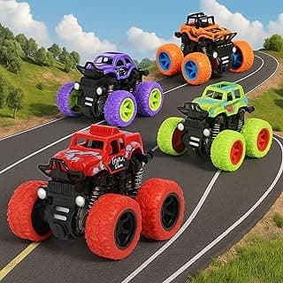 GRAPHENE 4pcs 4WD Monster Truck Toy for Kids Friction Powered 4x4 360° Stunt All-Terrain Spin Action Push & Go Off-Road Vehicles Cars Vibrant Colour for Boy Girl Birthday Gift Christmas Fun Play