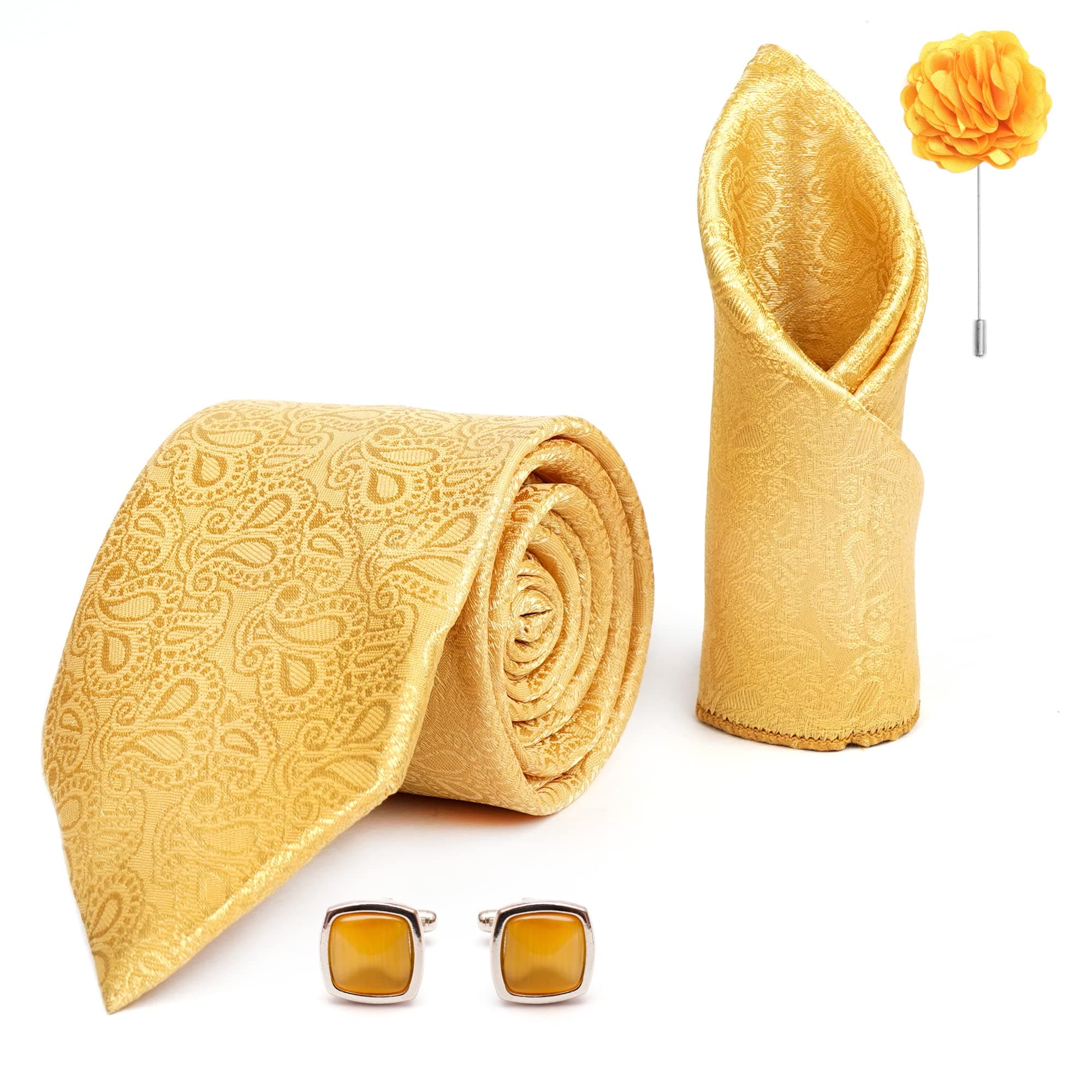 RIZORO Tie for Men – Micro Silk Neck Ties Set with Cufflinks Flower Pin, Pocket Square & Black Gift Box, Combo Necktie Sets for Office Wear, Formal Suits & Weddings (Yellow, JCYLRX)