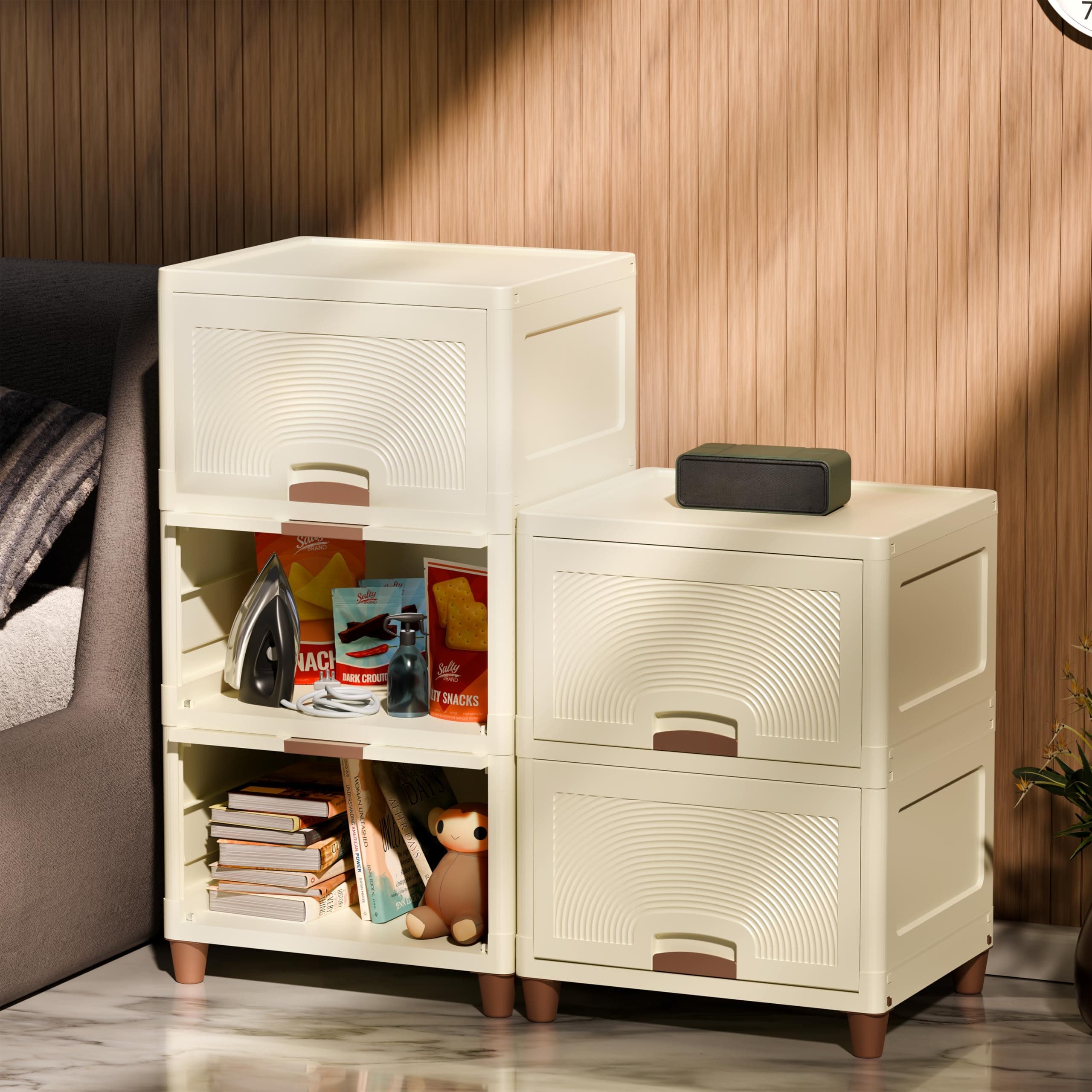 Amazon Basics Multi-Purpose Large Organizer | Modular Storage Box for Clothes, Kitchen, Bedroom & Living Room | Stackable Rack, Space-Saving Wardrobe Cabinet (Off White), 5 Piece, 37.5LX44.7WX27H cm