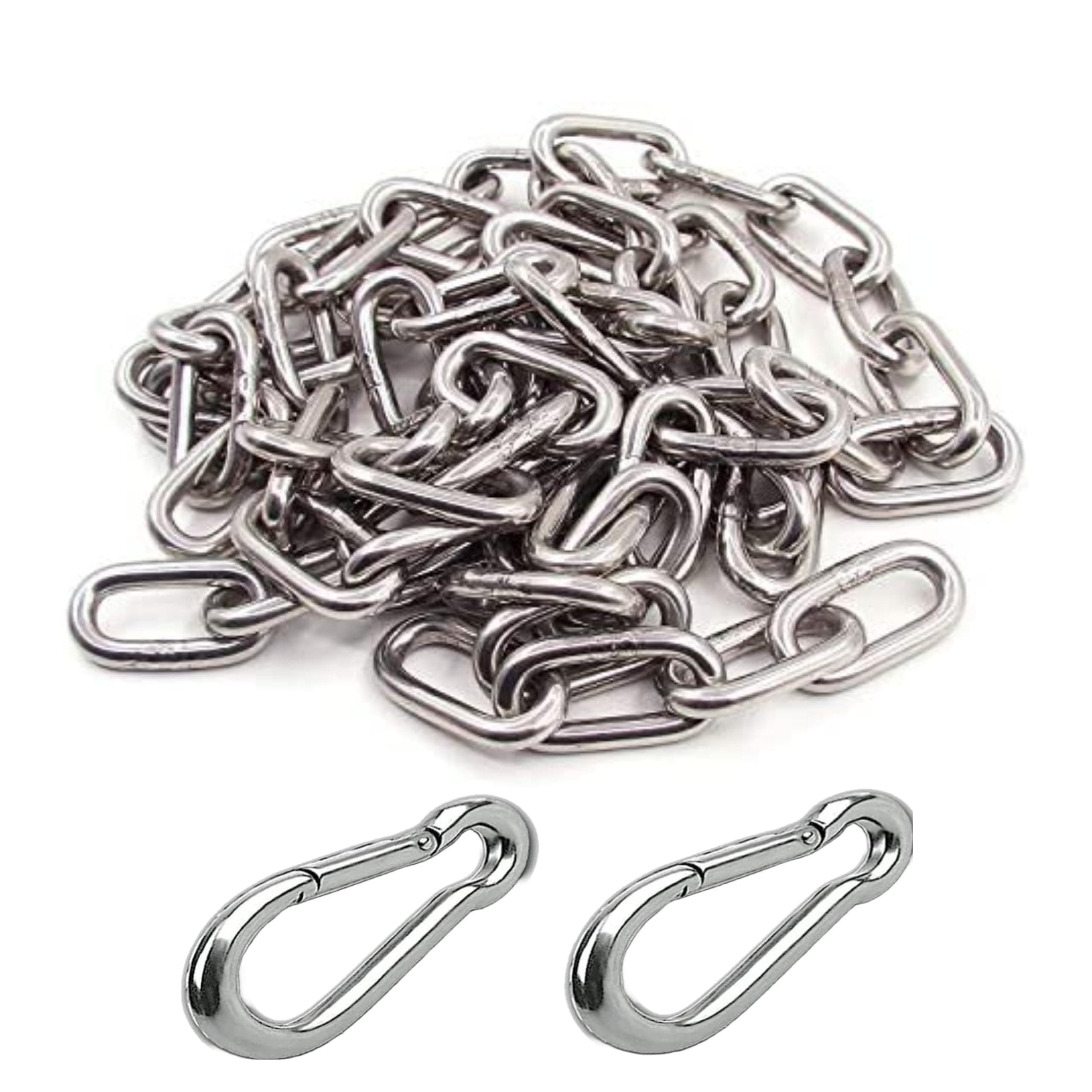 TEELLON 7FT Strong Heavy Duty Metal Chain 6mm & 2Pcs Snap Hook for Hanging Swing, Hammock Chair - Locking Safety Garden Swing/Playing Jhula Weight Up to 500kg (Silver, 7 Feet)