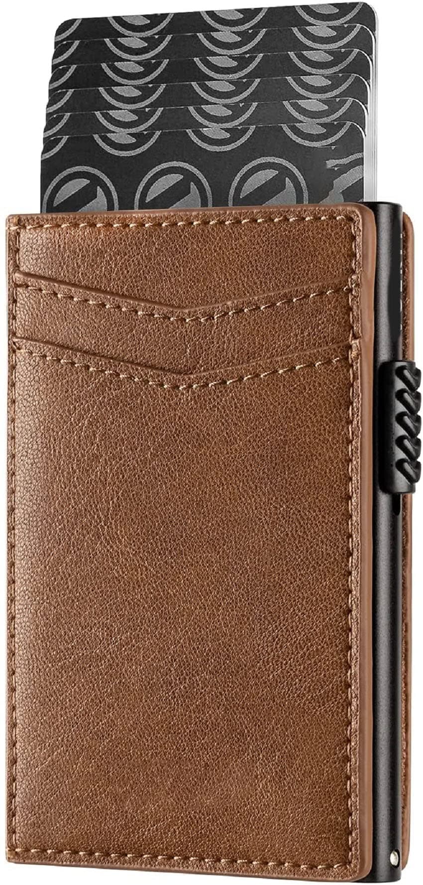 VOGARD Unisex Card Holder Pop Up Cards Slim Leather Wallet RFID Protection Up to 11 Cards Card Case (Tan)