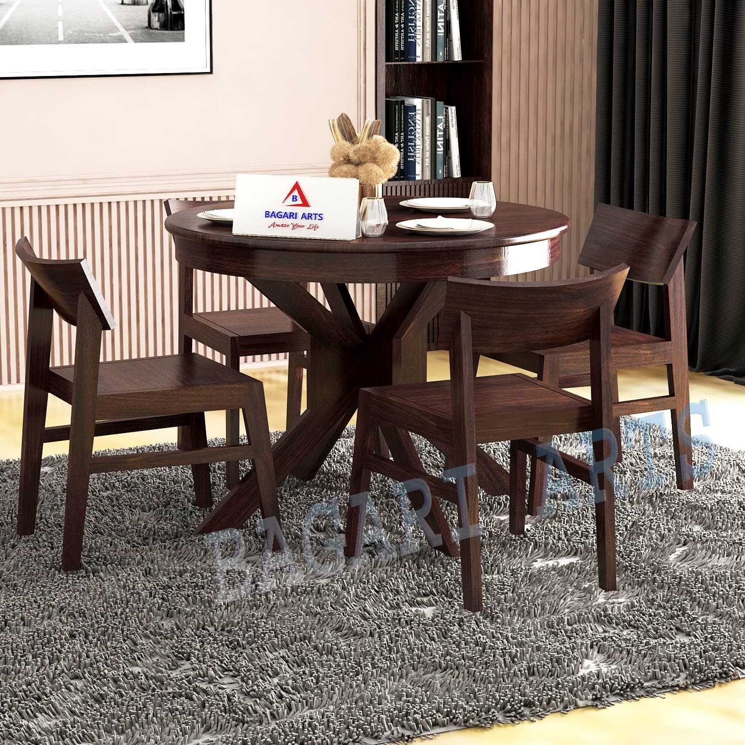 BAGARI ARTS Premium Solid Sheesham Wood Wooden Round Dining Table 4 Seater with Chair - 4 Seater Dinning Table Set with Dining Chairs - Walnut Finish