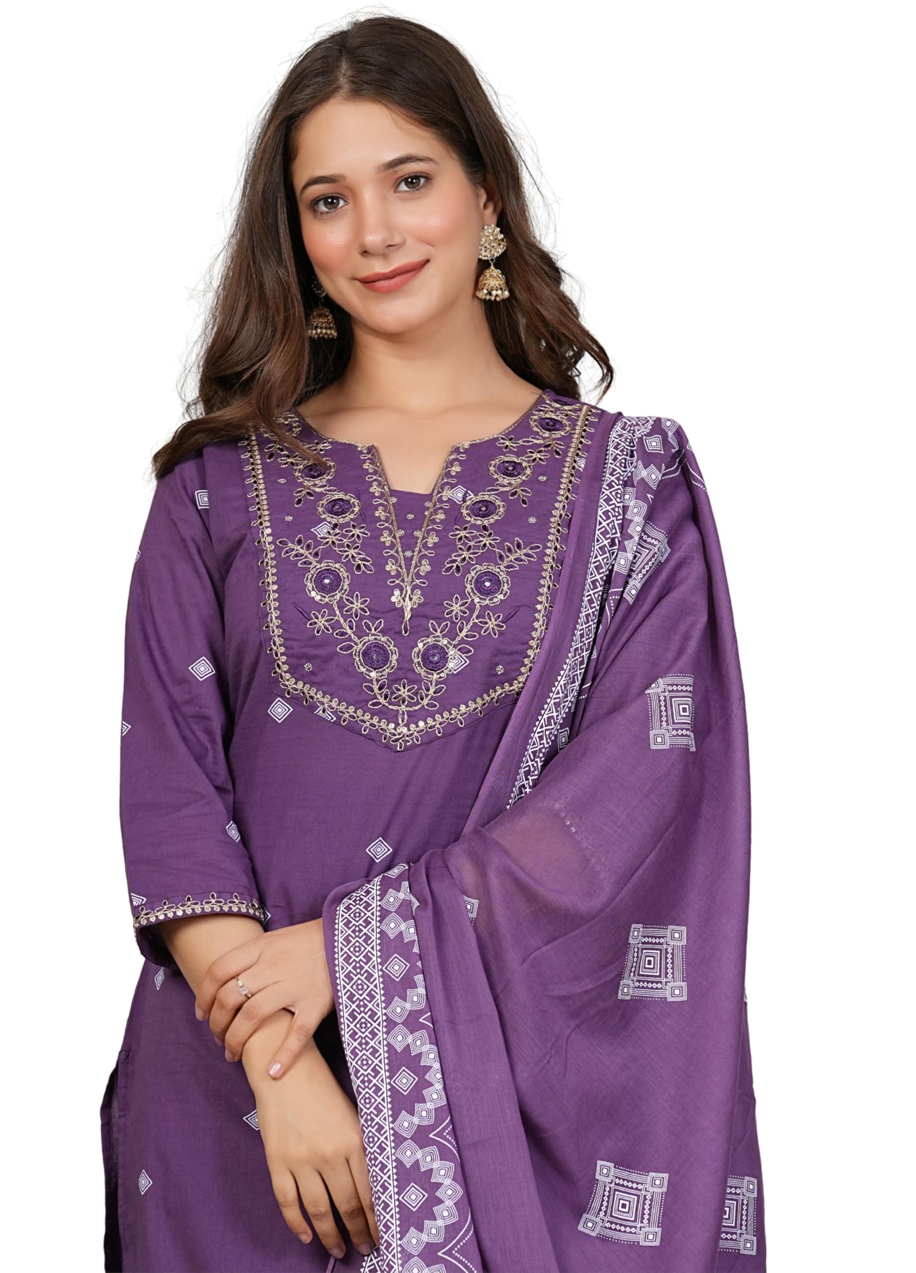 Amayra Women's Pure Cotton Embroidered Straight Kurta Set with Palazzo Pants & Dupatta- Ethnic Wear