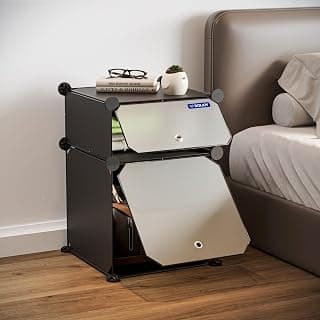 BOXJOY 2 Shelf Black Side Table with Door for Bedroom & Living Room | Bedside Multipurpose Modular Plastic Storage Rack | Small Home Accessories | Sofa Bed Room Corner Shelf Tables | Translucent Door