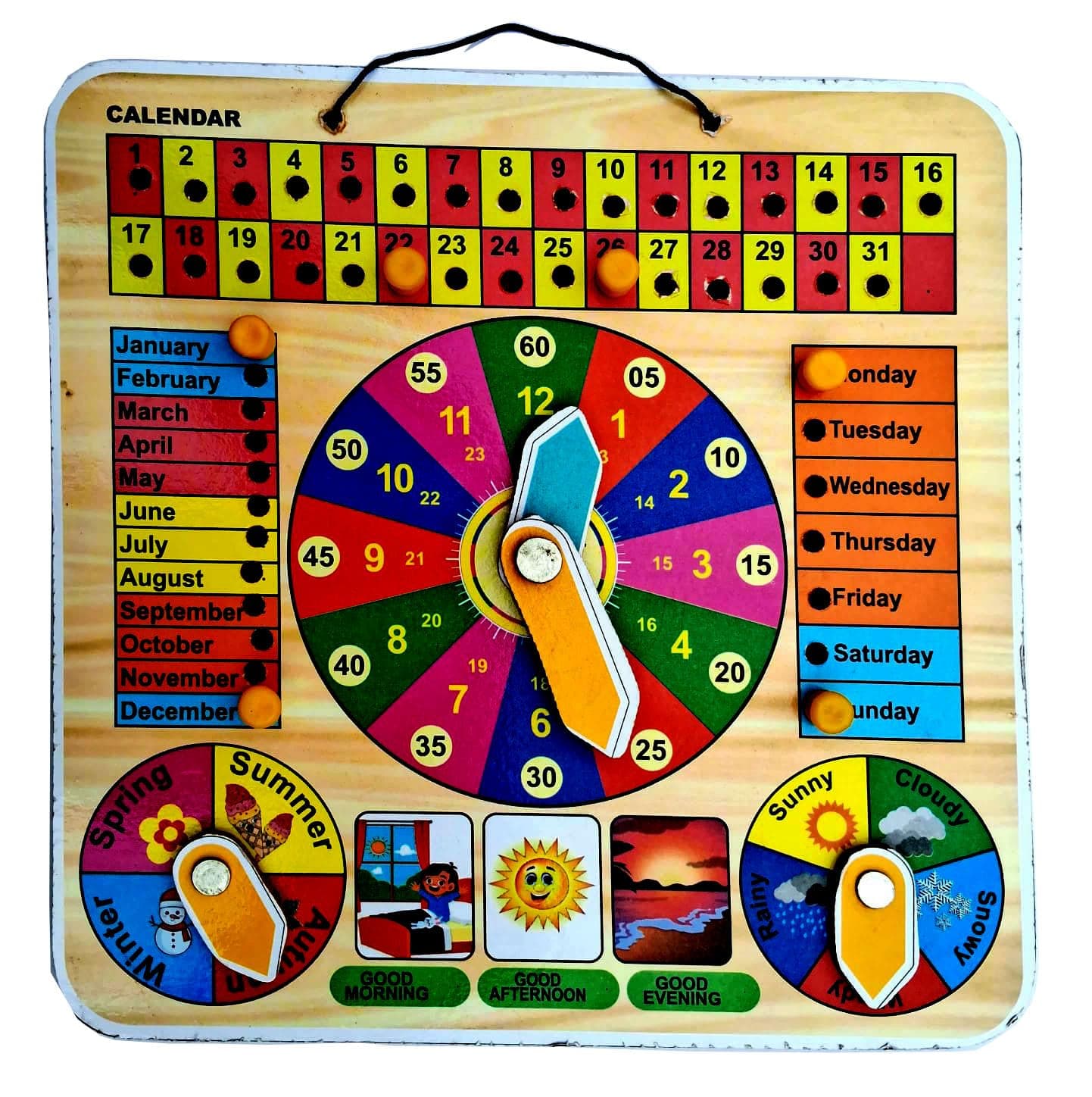 EL SMO Wooden Calendar Clock, Educational Wall Board with Weather Seasons, Kids Learning Toy