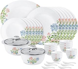 CELLO Opalware Regal Series Peach Bloom 35 Pieces Dinner Set | Opal Glass Crockery for 6 | Bone Ash-Free | Lightweight, Elegant White Plate & Bowl Set | Opal Glass Dinner Set for Daily Use & Gifting