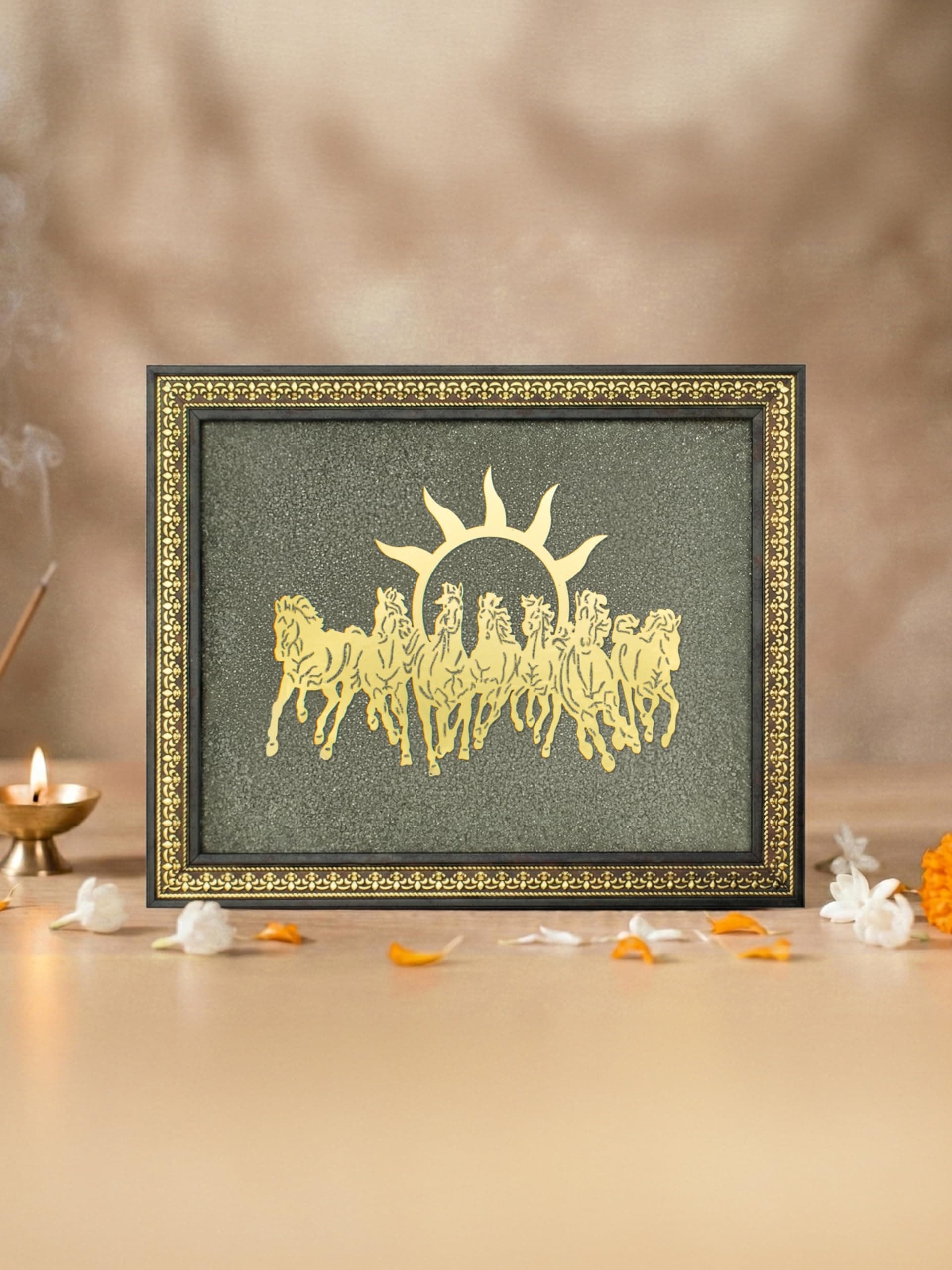 Astrotalk 7 Horses on Raw Pyrite Frame (13x10.5 Inch) | 7 Horses Wall Decor Pyrite Stone Frame for Success & Fame | Vastu Items for Money Attraction | Home Decor for Living Room | 1 Piece