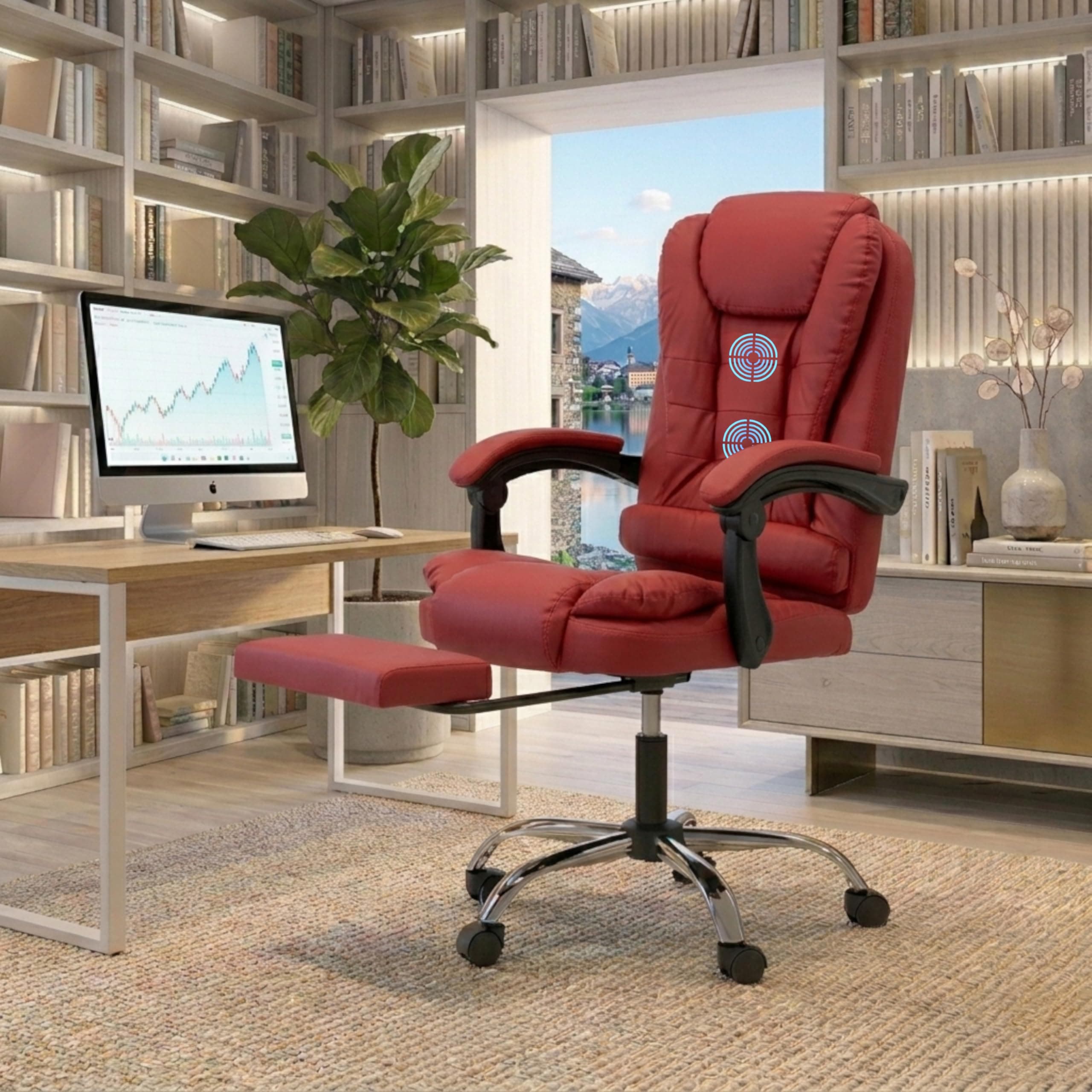 Casa Copenhagen Italia Leatherette Office Chair | Boss Chair, Ergonomic Executive, Cushioned Arms & Seat, 2 Point Back Massager, Adjustable Leg Rest, Heavy Duty Metal Base (Burgundy)