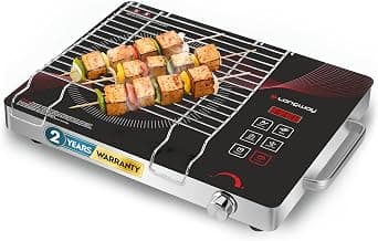 Longway Infralite Pro 2200W Infrared Induction Cooktop with Steel Grill Rack, Crystal Glass Top, Touch Panel & Digital Display, 4 Preset Modes – Stir Fry, BBQ, Hot Pot & Steam, Red