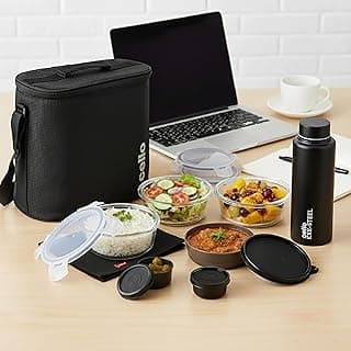 CELLO MF Glassy Pro Lunch Box with Jacket For Office, Black | 3 x 400ml Glass Containers, 1 x 225ml, 2 x 50ml Mini Containers & Bottle 700ml, Microwave Safe Airtight Leakproof Tiffin Box For Daily Use