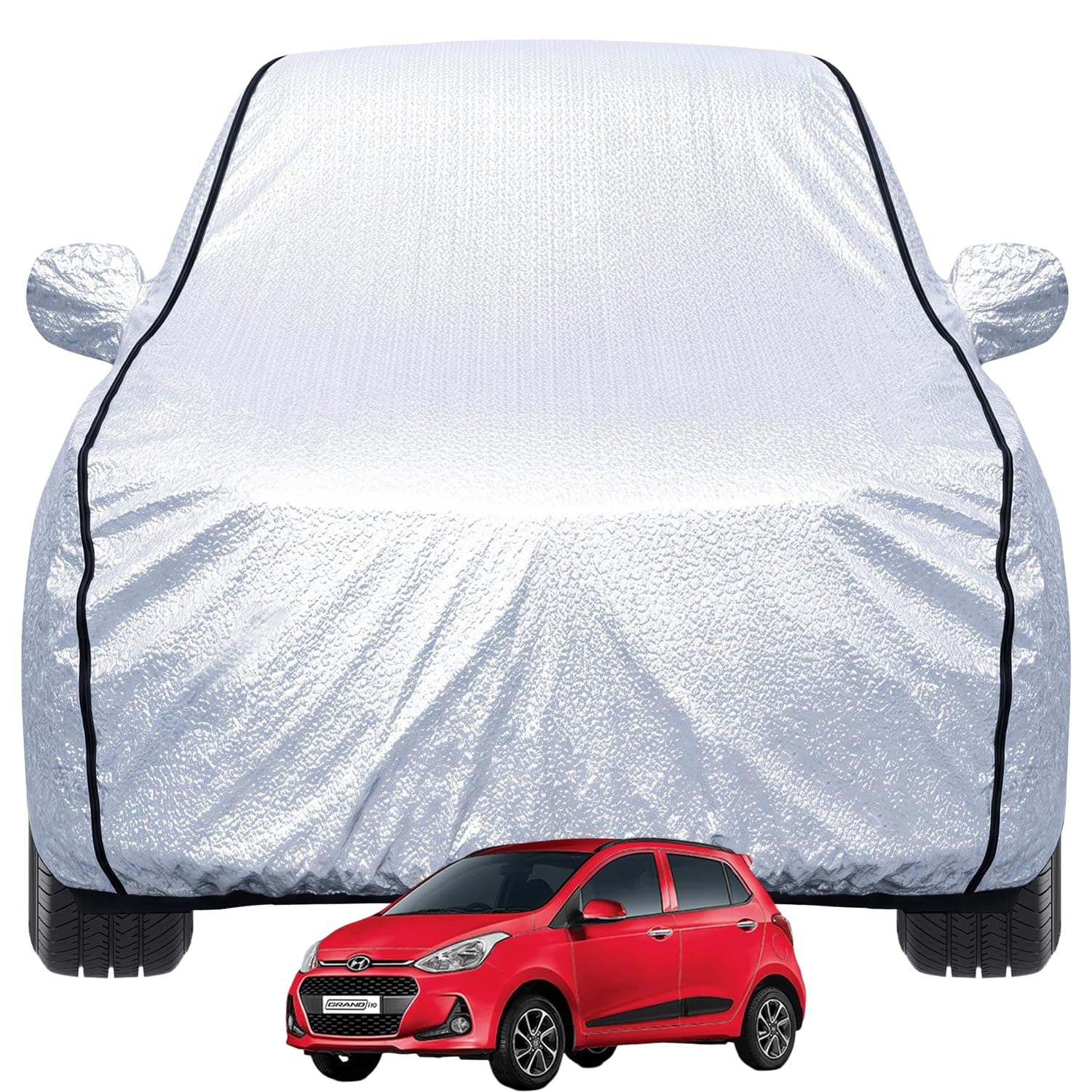 Pivalo Car Cover for Grand i10 Nios All Model & Years (2019-2026) 100% Waterproof with Mirror Pockets, Triple Stitched Bottom Elastic Dustproof Full Body Protection (Heat & UV Resistant, Silver)