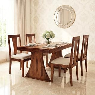 SONA ART & CRAFTS Betel Solid Sheesham Wood 4 Seater Dining Table Set Dining Table with 4 Cushion Chairs Dinner Table Set for Dinning Room Home Hotel and Office (Honey Finish)