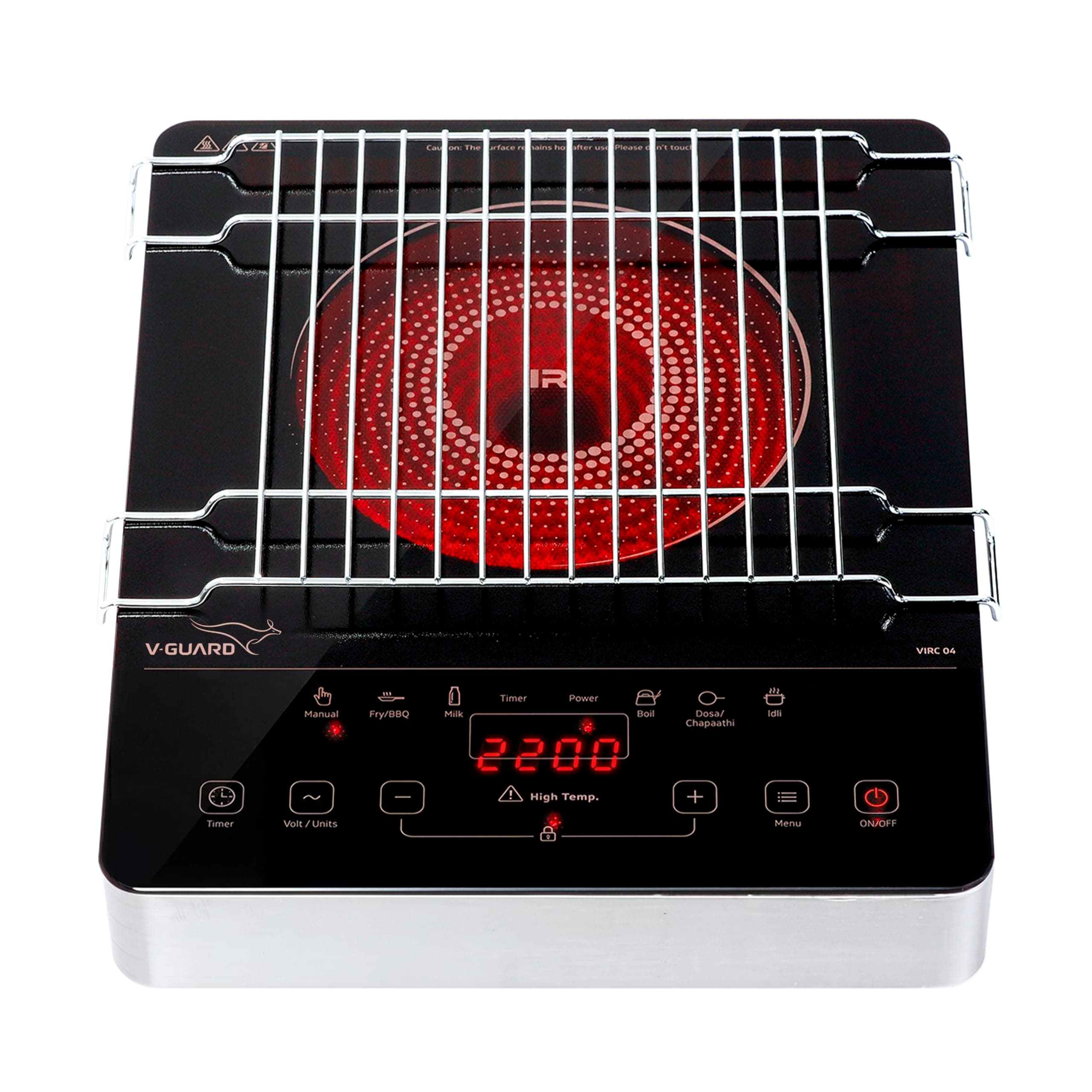V-Guard VIRC 04 2200 W Infrared Induction Cooktop | Compatible with All Utensils | Up to 4 kV Surge Protection | BBQ Grill | Touch Panel Control | Stainless Steel Body | 1 Year Warranty by V-Guard
