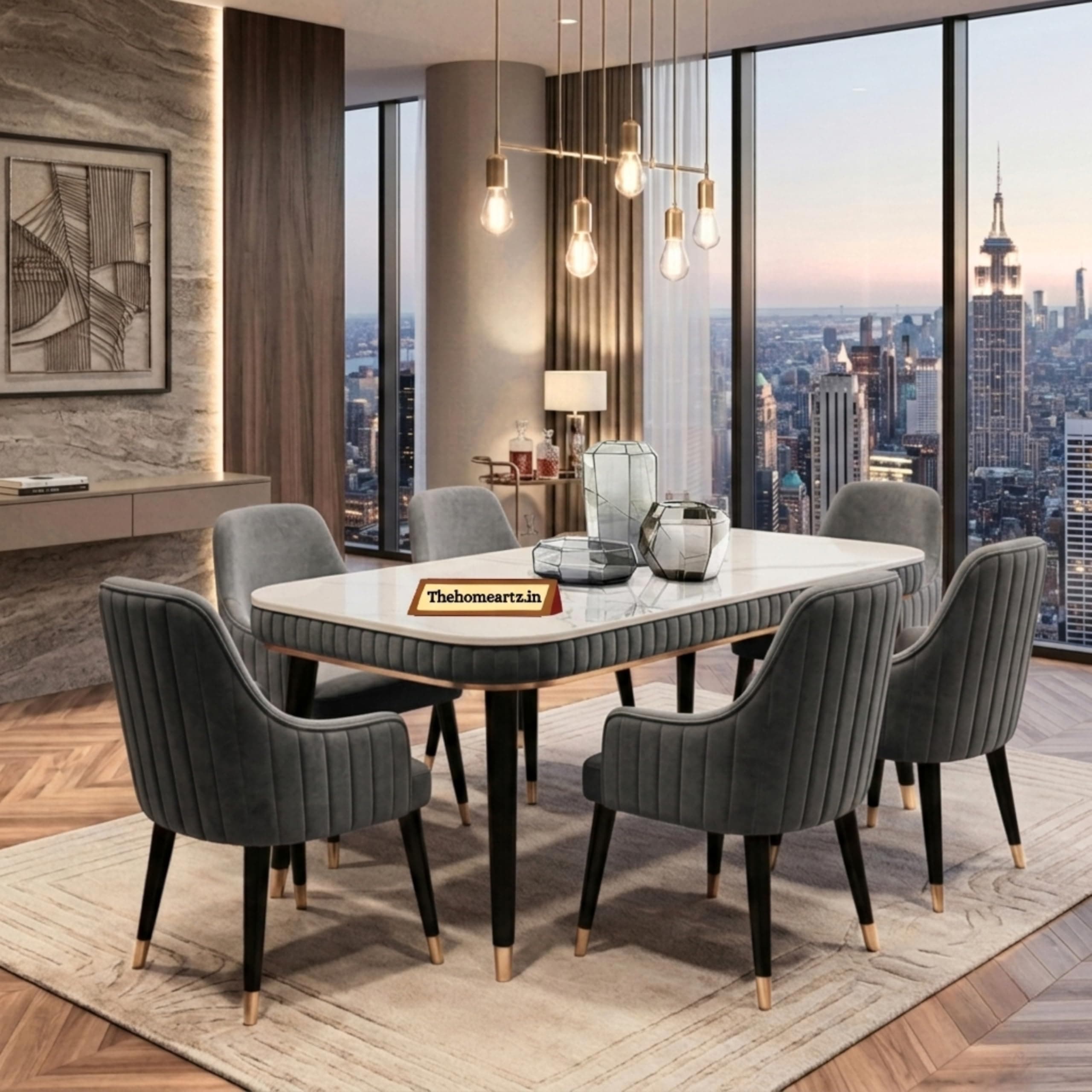 The Homeartz 6-Seater Modern Wooden Dining Table Set | Created Italian Statuario Marble Top | Elegant Composite Marble Table with 6 Chairs (Dark Gray)