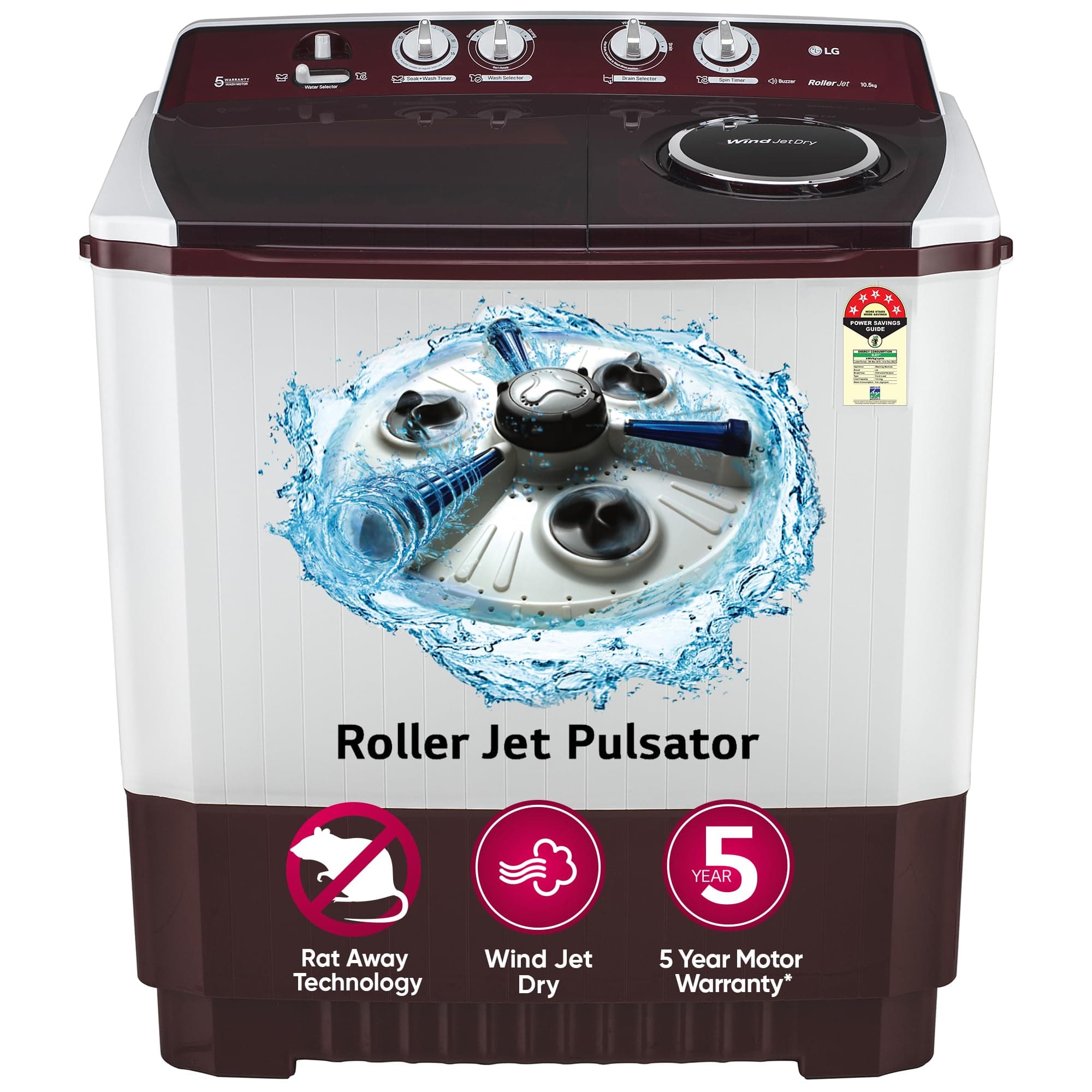 LG 10.5 kg, 5 Star, Roller Jet Pulsator with Soak, Wind Jet Dry Technology, Semi-Automatic Top Load Washing Machine (P105ASRAZ, Burgundy, Rat Away & Smart Filter)