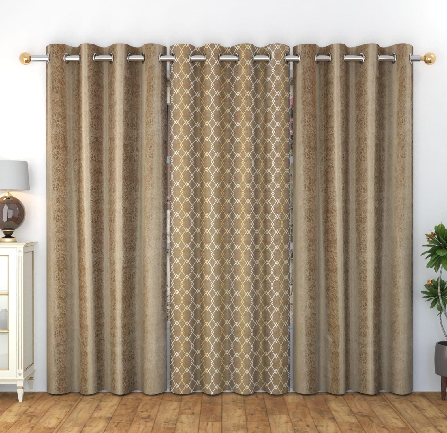 WO FLORA Door Curtains Check Design for Drawing Room/Living Room/Hall Room Parde for Window, Brown Color Curtains 7 Feet Long Set of 3 Pcs Set Curtains