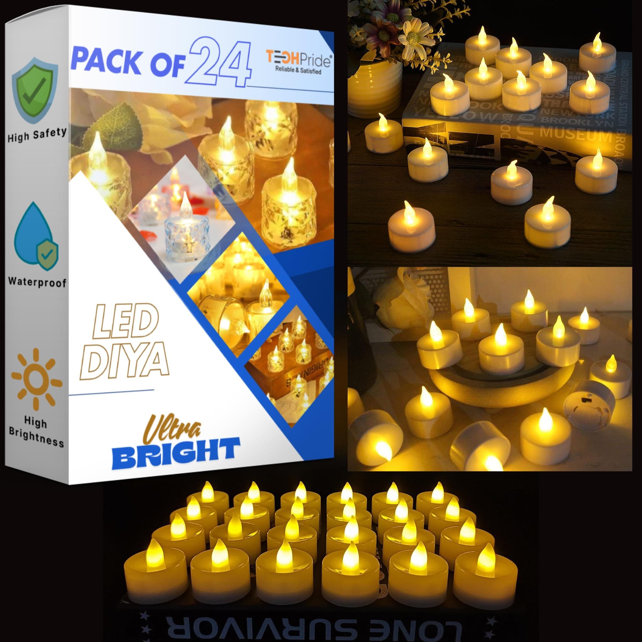 TechPride 24 Pack Flameless LED Tea Light Candles – Battery Operated Tealights | Electric Fake Candles for Home, Wedding, Diwali, Valentines & Christmas Decorations