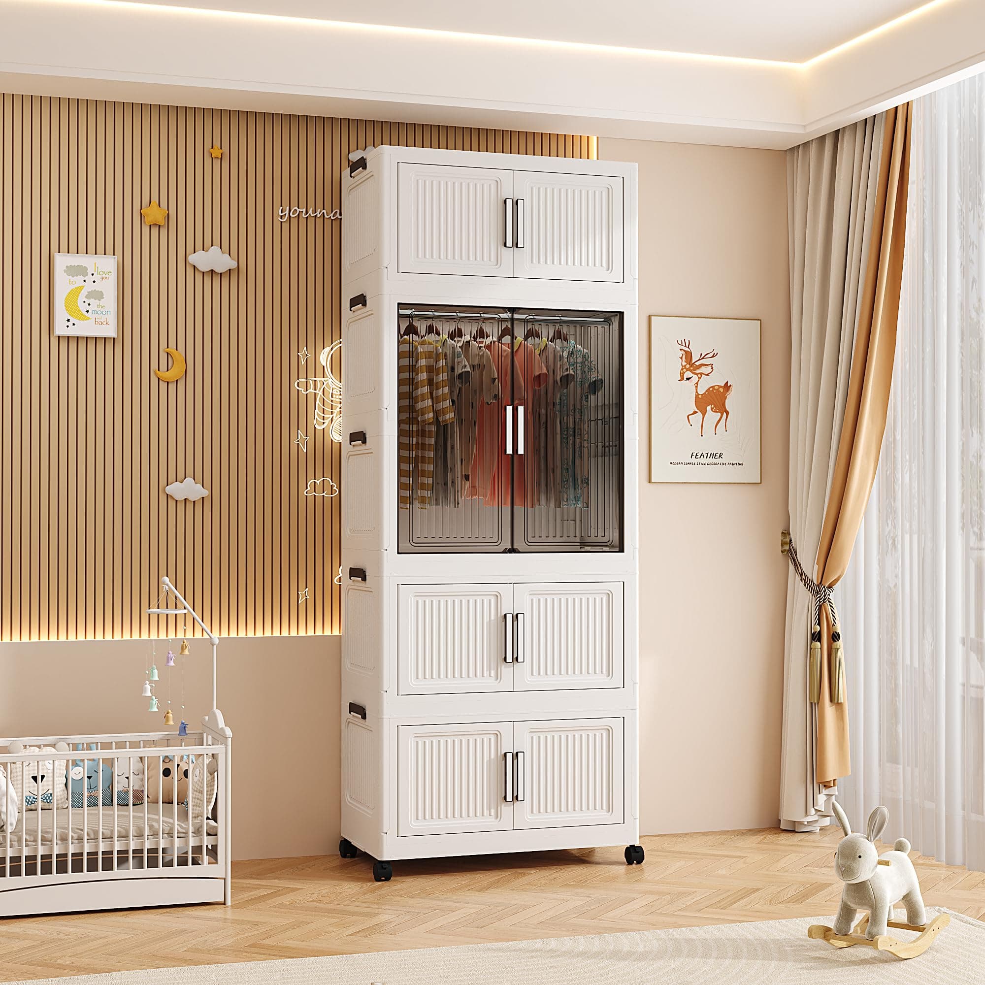 Mevigo 4-Door Plastic Wardrobe for Kids| Almirah and Wardrobe for Baby Clothes| Modular Storage Cabinet with Wheel Organizer for Cupboard Rack for Clothes/Shoes/Books/Toy -Shine White-A-751