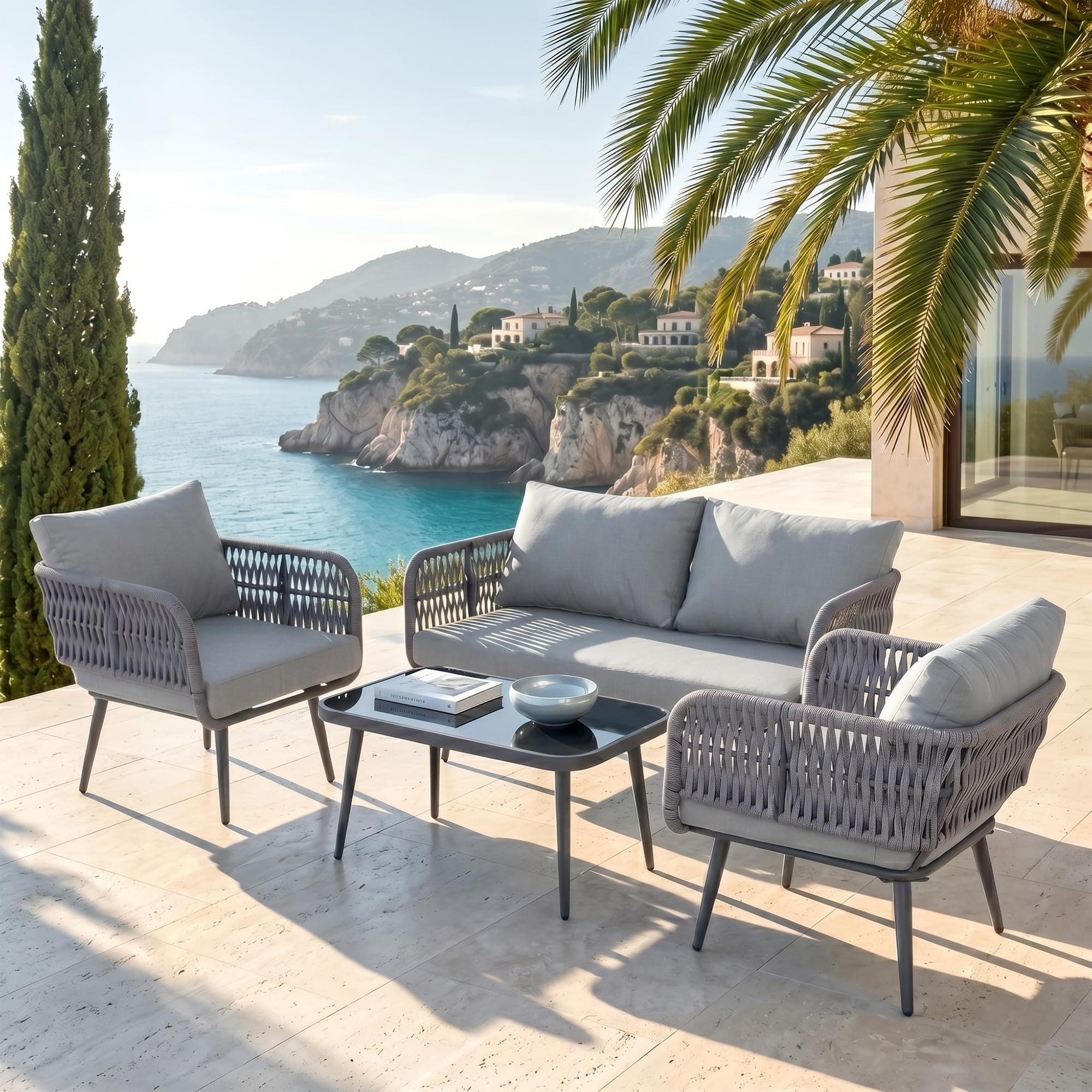 BRISHI Outdoor Sofa Set || Balcony Sofa || Patio Furniture Sets | Conversation Sets | Braid & Rope Garden Seater Sofa Set and Center Table (4 Seater Grey)