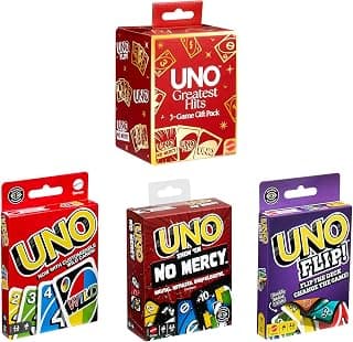 ​Mattel Games UNO Greatest Hits Gift Pack with 3 Card Games, UNO, UNO Flip & UNO Show ‘em No Mercy for Kids, Teens, Grown-Ups & Family Nights & Parties