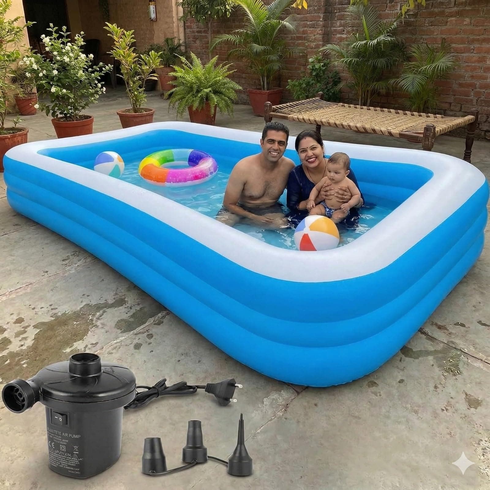 Pivalo 10 Feet Rectangular Inflatable Pool with Electric Pump Full-Sized Swimming with Family Bathtub for Kids Adults Outdoor Backyard Garden Summer Party (Blue)