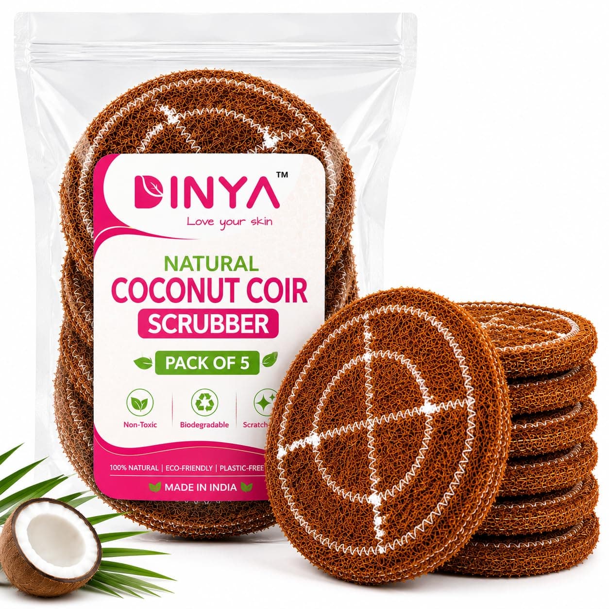 Coconut Coir Scrubber for Utensils (Pack of 5) | Non-Toxic & Biodegradable Coir Fiber Dish Scrub | 100% Scratch-Free for Non-Stick Utensils | 7X Long-Lasting Cleaning Scrub