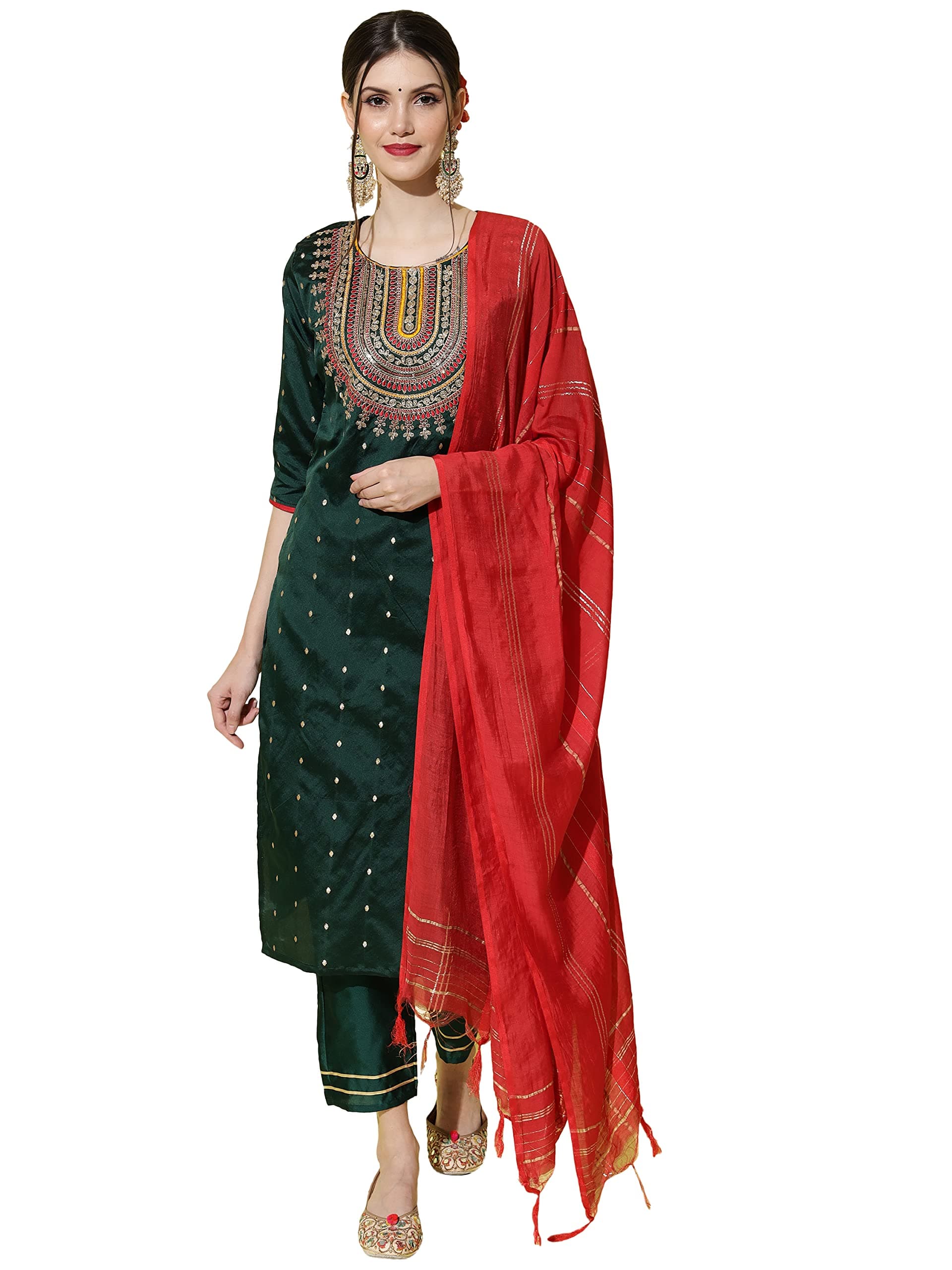 VredeVogel Women's Silk Blend Embroidered Straight Kurta Trouser with Dupatta Set