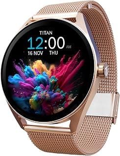 Titan Titan Crest 1.43” AMOLED Smart Watch with BT Calling, AI Morning Briefs, Functional Crown, Health Tracking, Aluminium Body, 100+ Sports Modes, Smartwatch for Men and Women - Rose Gold Mesh Strap