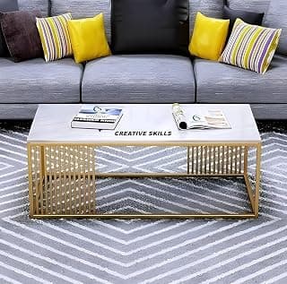 Furniture Café Modern Rectangular Coffee Table with White Marble Top and Gold Metal Frame – Contemporary Center Table for Living Room (Golden & White)