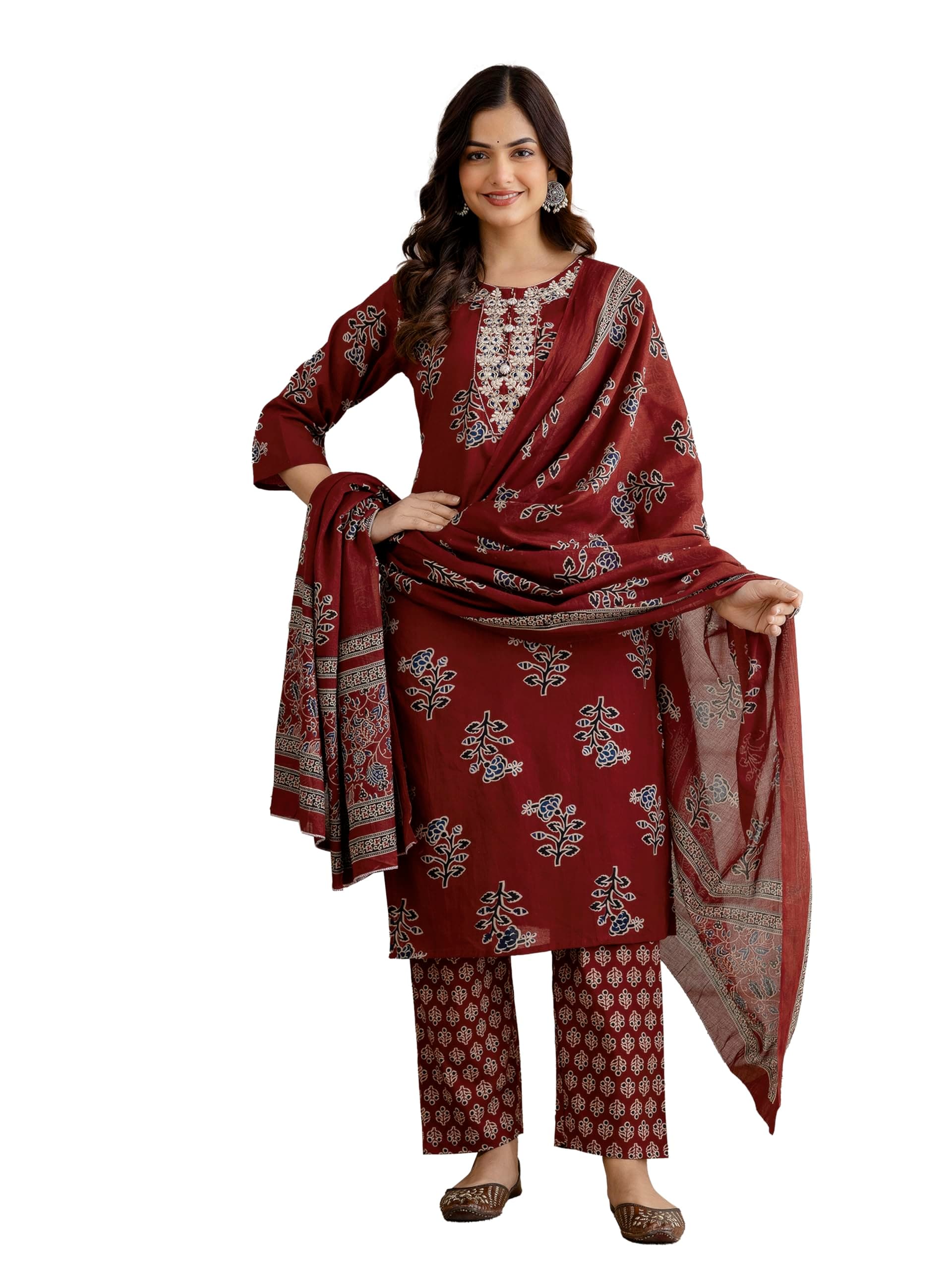 TRENDMALLS Women’s Pure Cotton Floral Hand Block Print Kurta Pant with Dupatta Set | Embroidery Neck Work Kurta Set Ethnic Wear