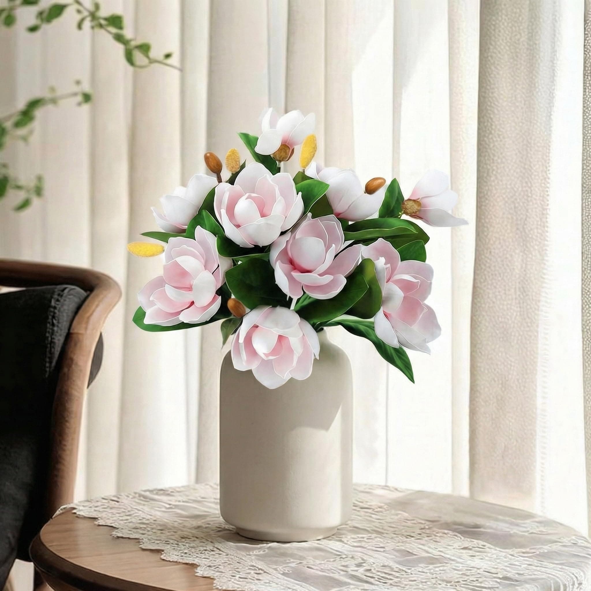 Decor & More 2 PCS Artificial Flowers Bunch - Silk Magnolia Bouquet Long Stem for Vase | Artificial Flower for Decoration | Long Artificial Flowers for Big Vase, Home & Wedding Decor (Without Pot)
