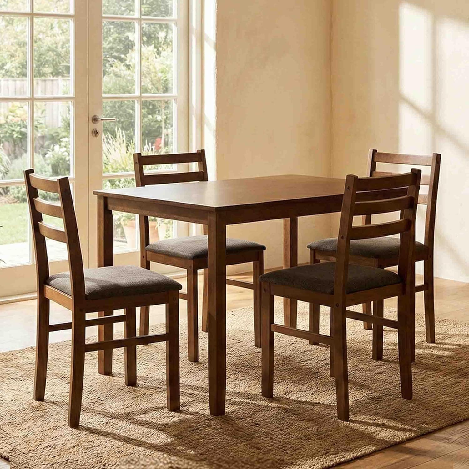 Royaloak Maple Wooden 4 Seater Dining Table Set with Cushioned Chairs, Wooden Veneer Table Top, Solid Wood Thick Legs, 55mm Apron Support, Modern Sturdy Dining Furniture for Home & Dining Room