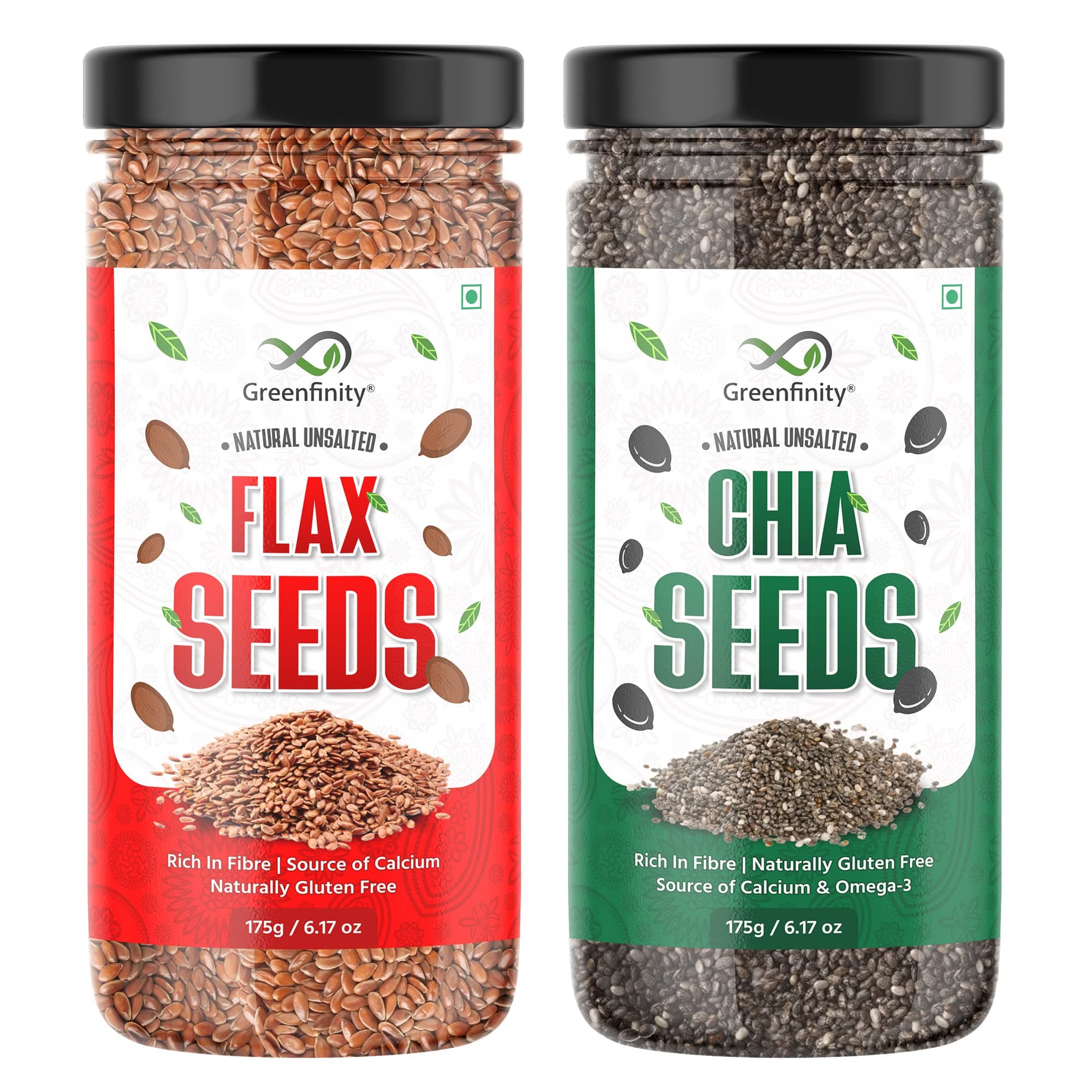 GreenFinity Healthy Seeds Combo Pack - Flax and Chia Seeds | Rich in Omega 3, Fiber, and Antioxidant | Immunity Booster Seeds for Weight Management, Salads, Snacks, Smoothies, Baking (175g Each)