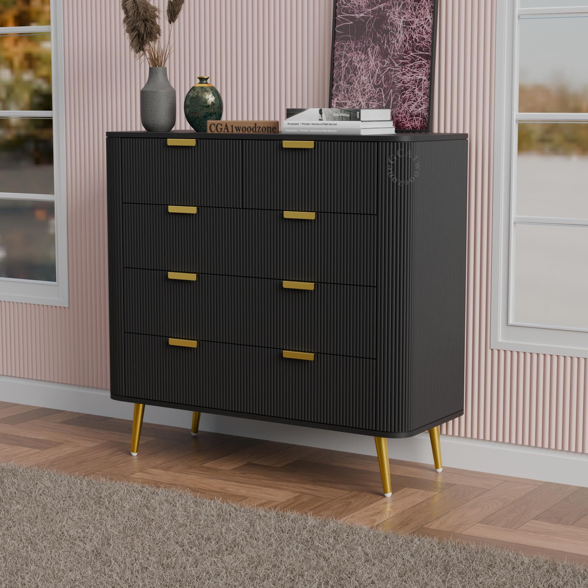 GCA1 WOODZONE Solid Wooden Chest of Drawers | 5 Drawers Dresser Console Cabinet for Bedroom, Living Room, Drawing Room & Office | Multipurpose Storage Sideboard | HDMR Premium Wood & Iron | Black