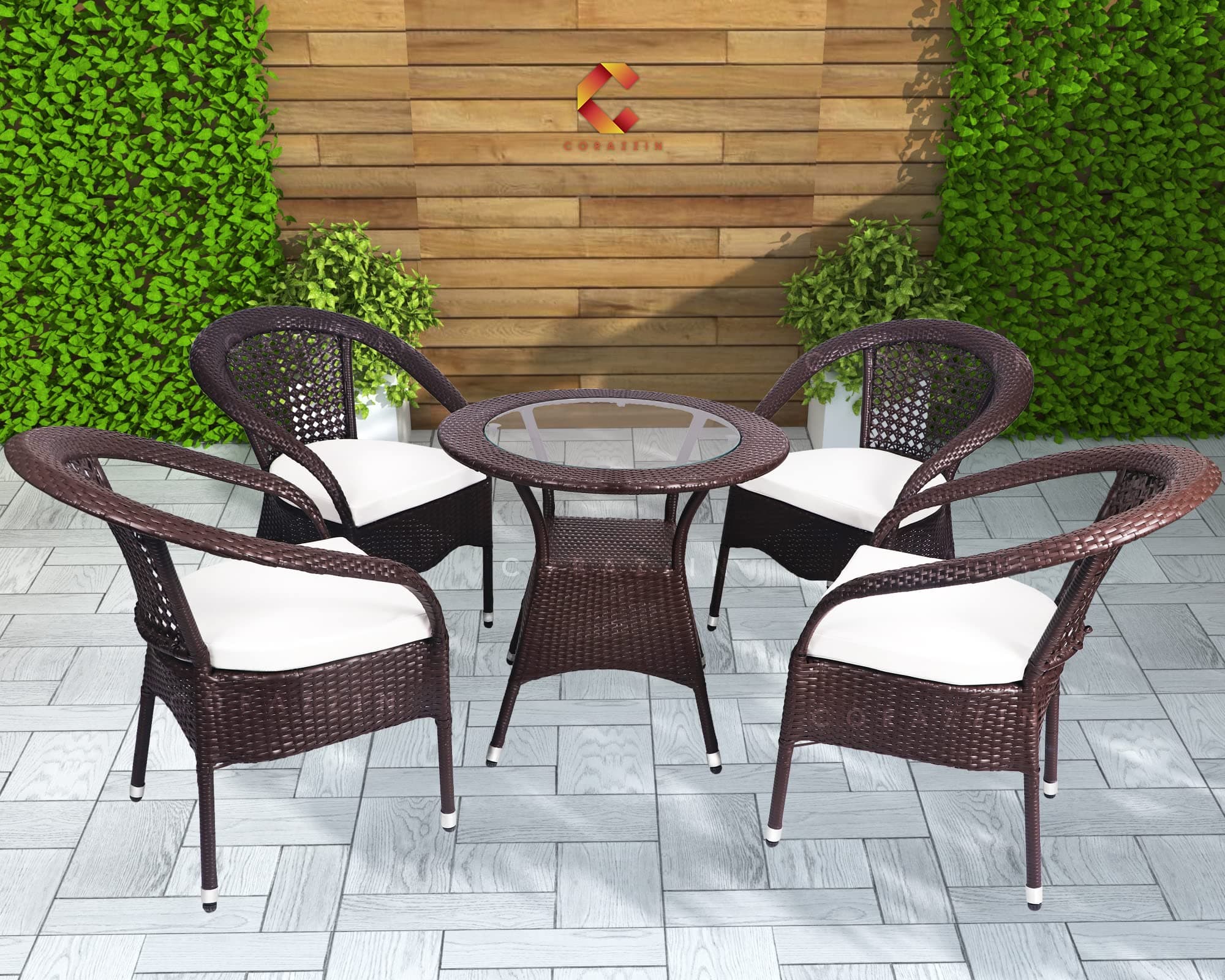 CORAZZIN Rattan Wicker 4 Seater Cushioned Patio Table and Chair Set Garden Coffee Table Set with 1 Table and 4 Chairs Set Outdoor Furniture (Brown)