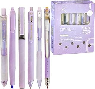 FunBlast Gel Pens for Writing, 5 Pcs Gel Pen & 1 Pcs Highlighter Pen, with Comfortable Grip for Smooth Writing, Kawaii Pens, Stationery for School & Office (Blue Ink) (Purple)