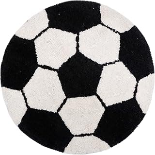 THE HOME TALK Kids Bath mat/Floor Rug, Football Design, Cotton, 60 cm Round, Anti-Skid Backing, White & Black