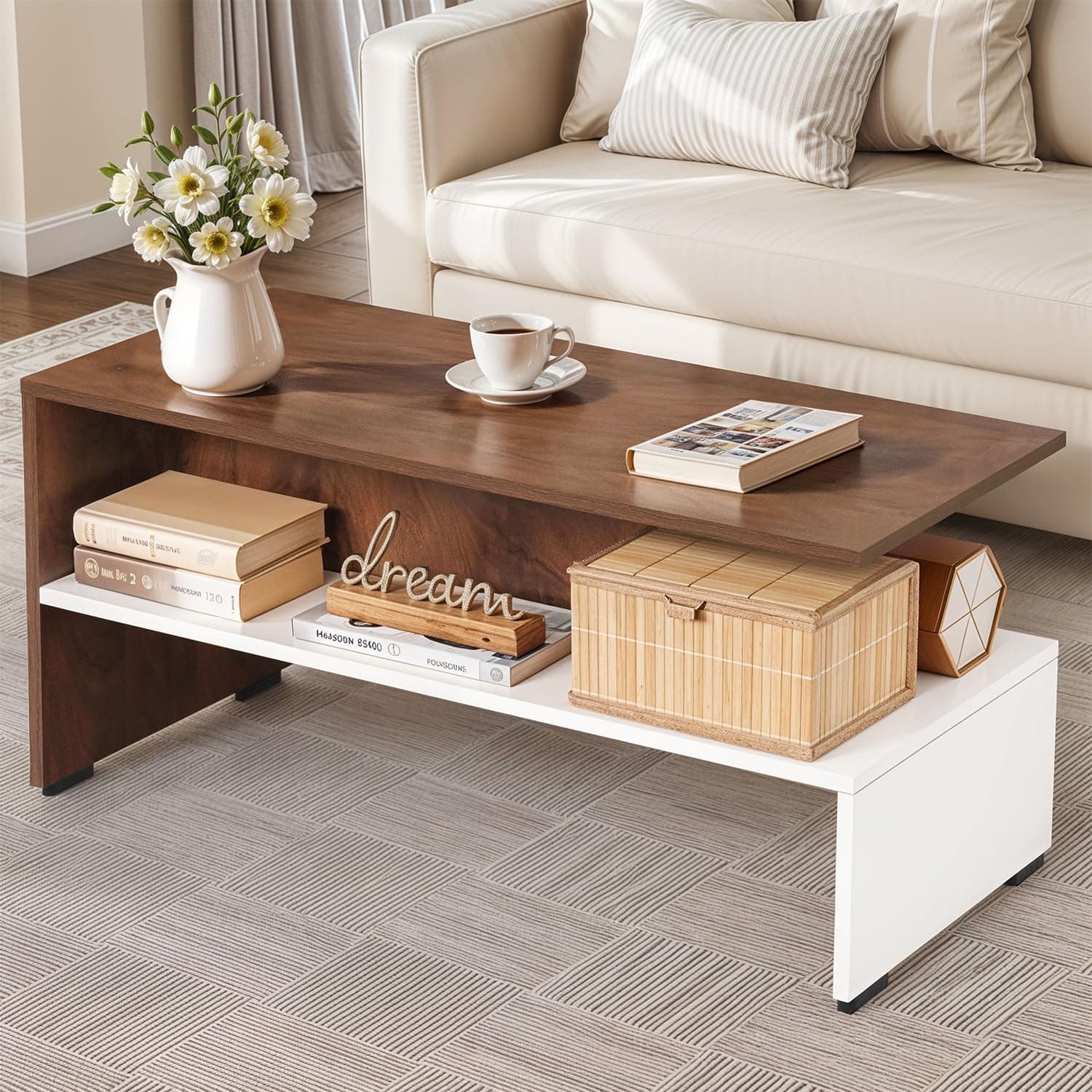 ABOUT SPACE Coffee Table - Portable Wooden Centre Table with Open Partition Storage - DIY Furniture - Sofa Tea Poyee for Living Room, Home, Office (White & Walnut - L 90 x B 40 x H 43 cm)