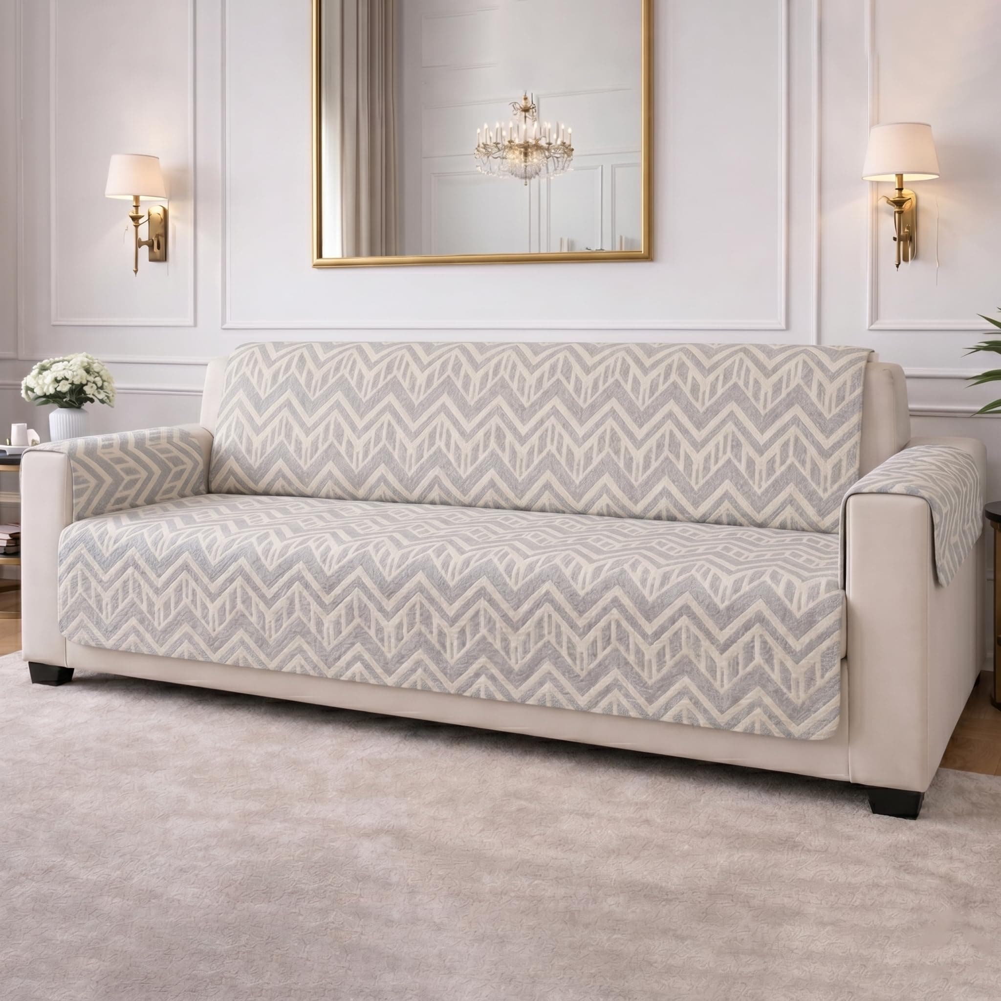 STITCHNEST 'CloudFeel Series' Quilted Printed Velvet Sofa Cover for 3 Seater | Premium Soft Velvet Sofa Protector | Grey Chevron Geometric Design with Armrest Pockets | Furniture Cover