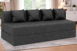 Foldable Four Seater Sofa Cum Bed, Sofa Bed 6 X 6 Feet Jute Fabric Washable Cover- Including Cushion Perfect for Living Room - Black