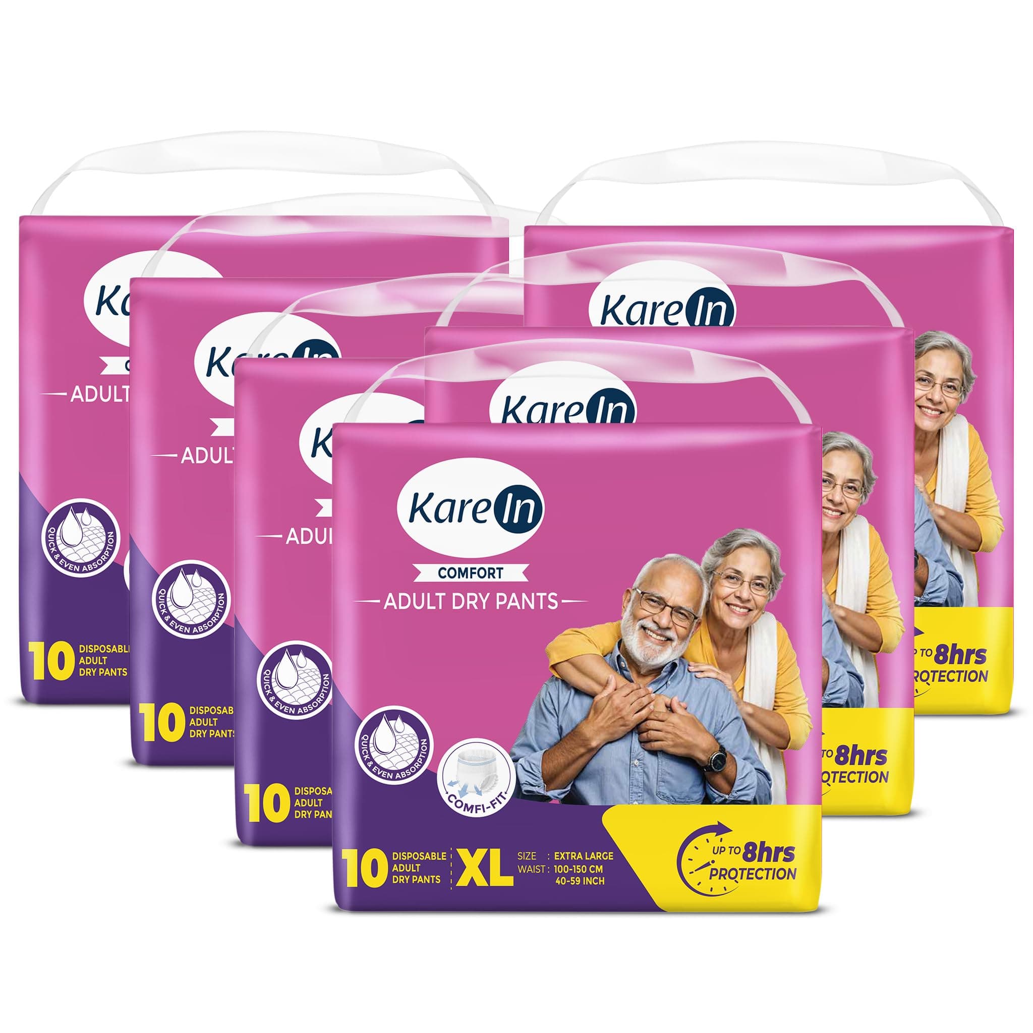 KareIn Comfort Adult Diaper Pants, Extra Large 100-150 Cm (40"- 59"), Unisex, Leakproof, Elastic Waist, Wetness Indicator,Pack of 6, 60 Count