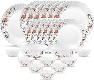 La Opala Novo Collection Opal Glass Crockery | for Family of 6 | Dinner Set 23 pcs Scarlet Blooms | Plates & Bowls for Dining | Microwave Safe | 100% Vegetarian | Extra Strong | Light & White