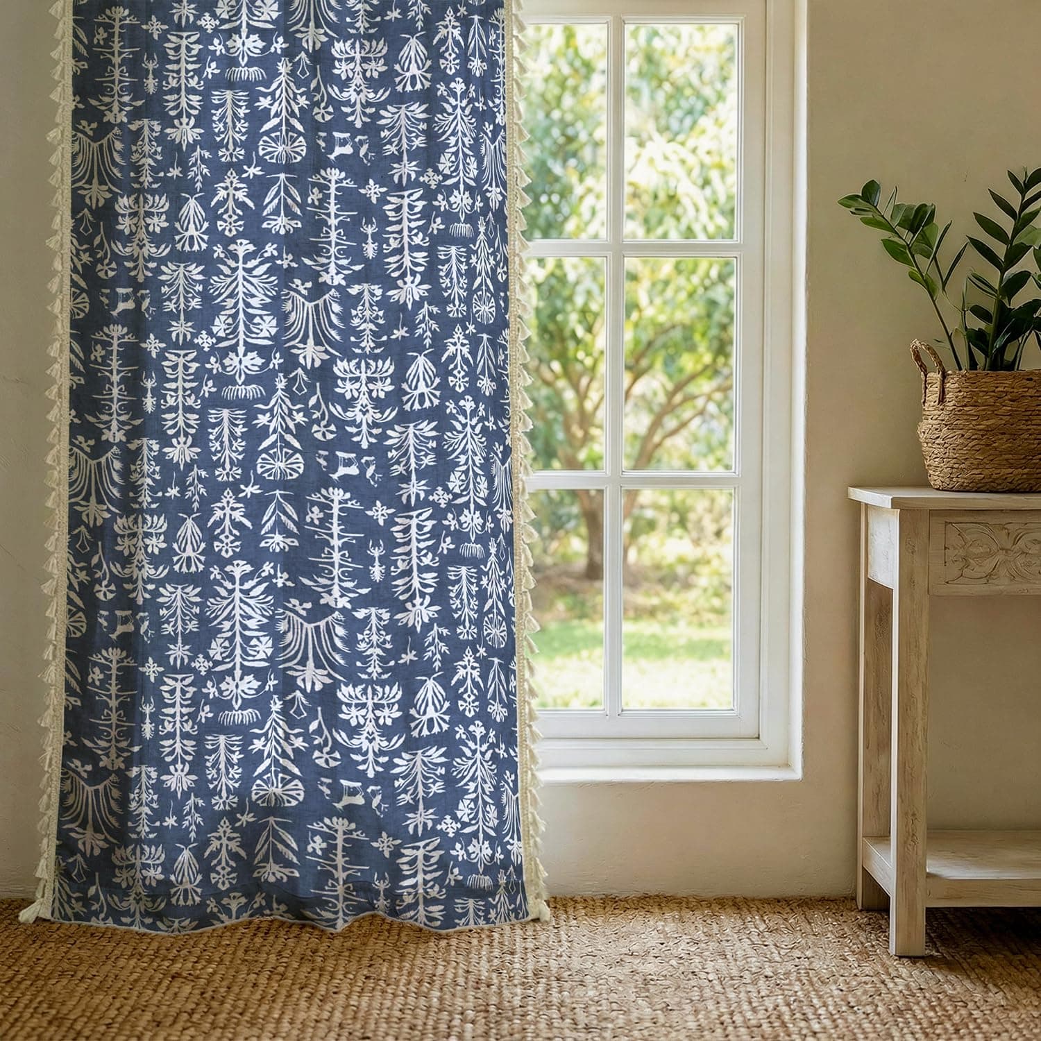 Urban Space Boho Decorative Curtain for Door, 100% Cotton Curtain 7 Feet Long, 1 Piece Curtain with Tassels, 60-65% Room Darkening with Tieback and Eyelets (Twigs Indigo Blue, 7 Feet)