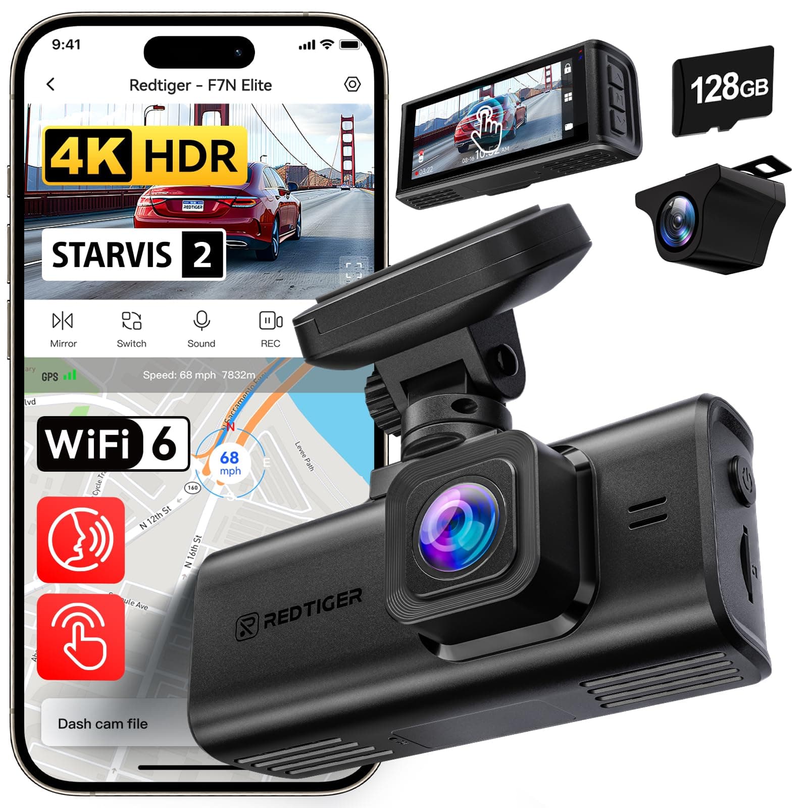 REDTIGER F7N Elite 4K HDR Dual Dash Cam Front & Rear, STARVIS 2 Sensor, 5.8GHz WiFi 6 and APP Control, 3.18" Touchscreen, Voice Control, GPS, 24H Parking Mode, WDR, 128G Card Included
