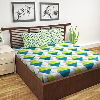 Divine Casa 144 TC Cotton Bedsheet for Double Bed with 2 Pillow Cover (222 x 254 cm, Aqua Lime, Geometric)