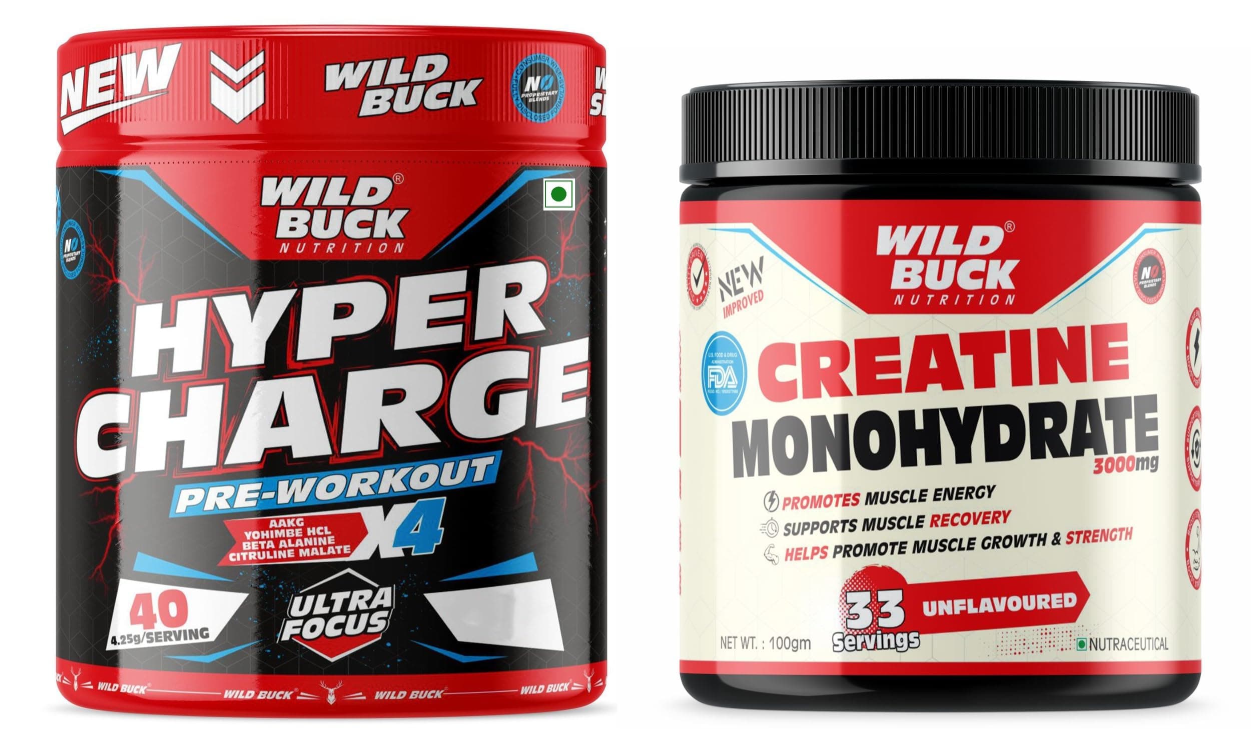 WILD BUCK Hyper Charge Pre-X4 Hardcore Pre-Workout Supplement powder with Creatine Monohydrate, Arginine AAKG, Explosive Muscle Pump, Caffeinated Punch -For Men & Women [40 Serv, Virgin Mojito] + WILD BUCK Creatine Monohydrate Powder,Strength,Reduce Fatigue,100% Pure Creatine,Lean Muscle Building,Supports Muscle Growth,Athletic Performance,Recovery [33 Servings,Unflavoured]